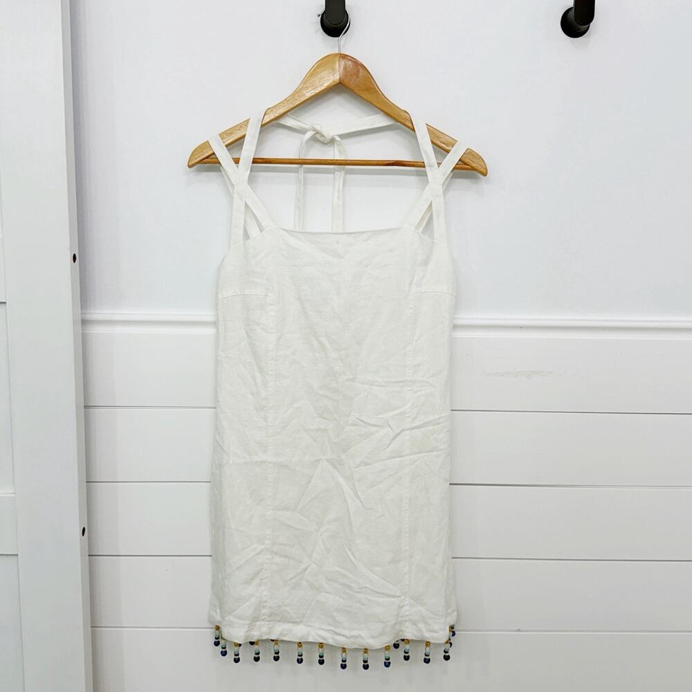 House Of Harlow 1960 White Linen Square Neck Tank Dress Beaded Trim Small S